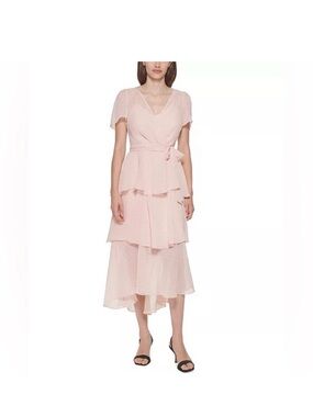 Calvin Klein Blush Pink Tiered Wrap Midi Dress